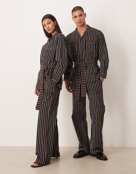Sister Jane Unisex pure cotton contrast piping elasticated waist trousers co-ord in navy and black stripe - view 1
