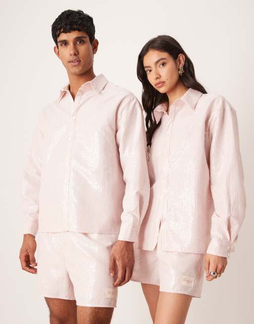 Sister Jane Unisex Rowan sequin pinstripe shorts co-ord in light pink, 3 of 5