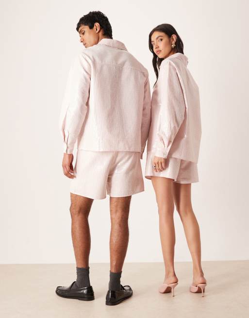 Sister Jane Unisex Rowan sequin pinstripe shorts co-ord in light pink, 5 of 5