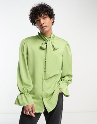 Sister Jane Unisex satin tie bow shirt in olive