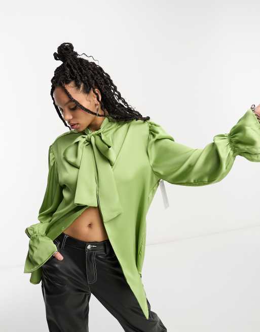 Sister Jane Unisex satin tie bow shirt in olive , 2 of 4