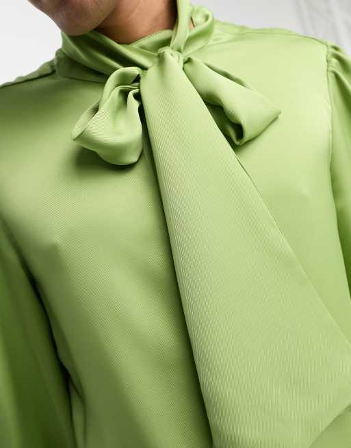 Sister Jane Unisex satin tie bow shirt in olive , 3 of 4