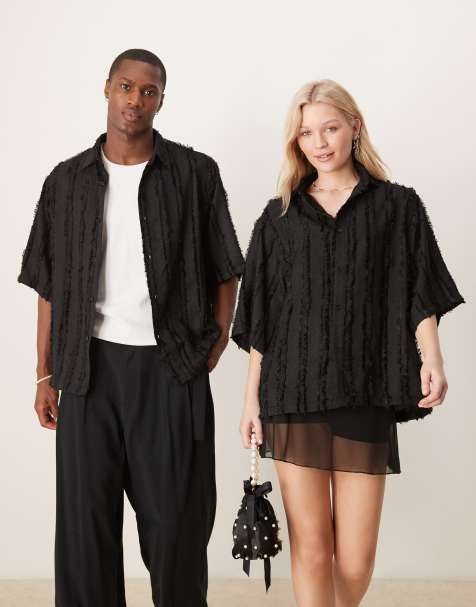 Sister Jane Unisex textured stripe boxy shirt in black - view 1