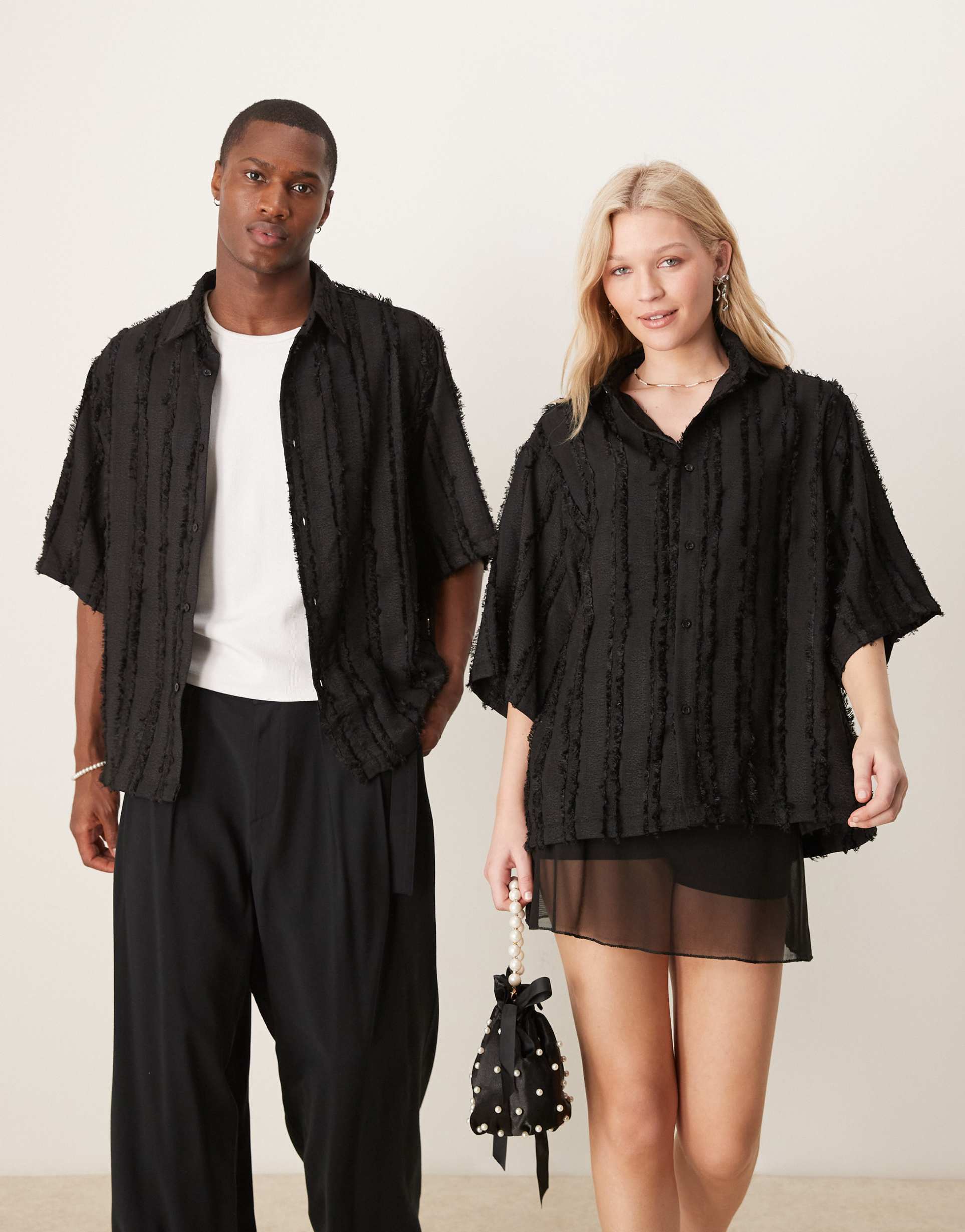 sister jane unisex textured stripe boxy shirt in black