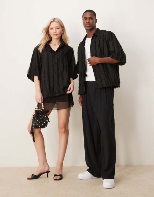 Sister Jane Unisex textured stripeboxy shirt in black, 3 of 4
