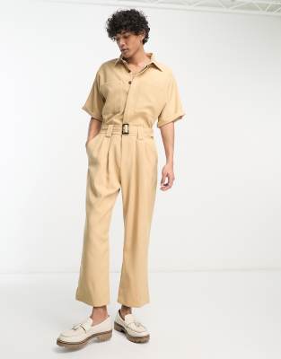 Sister Jane Unisex tie belt jumpsuit in sand-Neutral