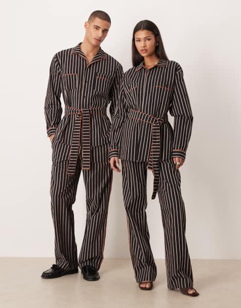 Sister Jane Unisex Wisp pure cotton contrast piping tie waist shirt and trouser co-ord in navy and black stripe - view 1