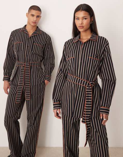 Sister Jane Unisex Wisp pure cotton contrast piping tie waist shirt co-ord in navy and black stripe - view 1