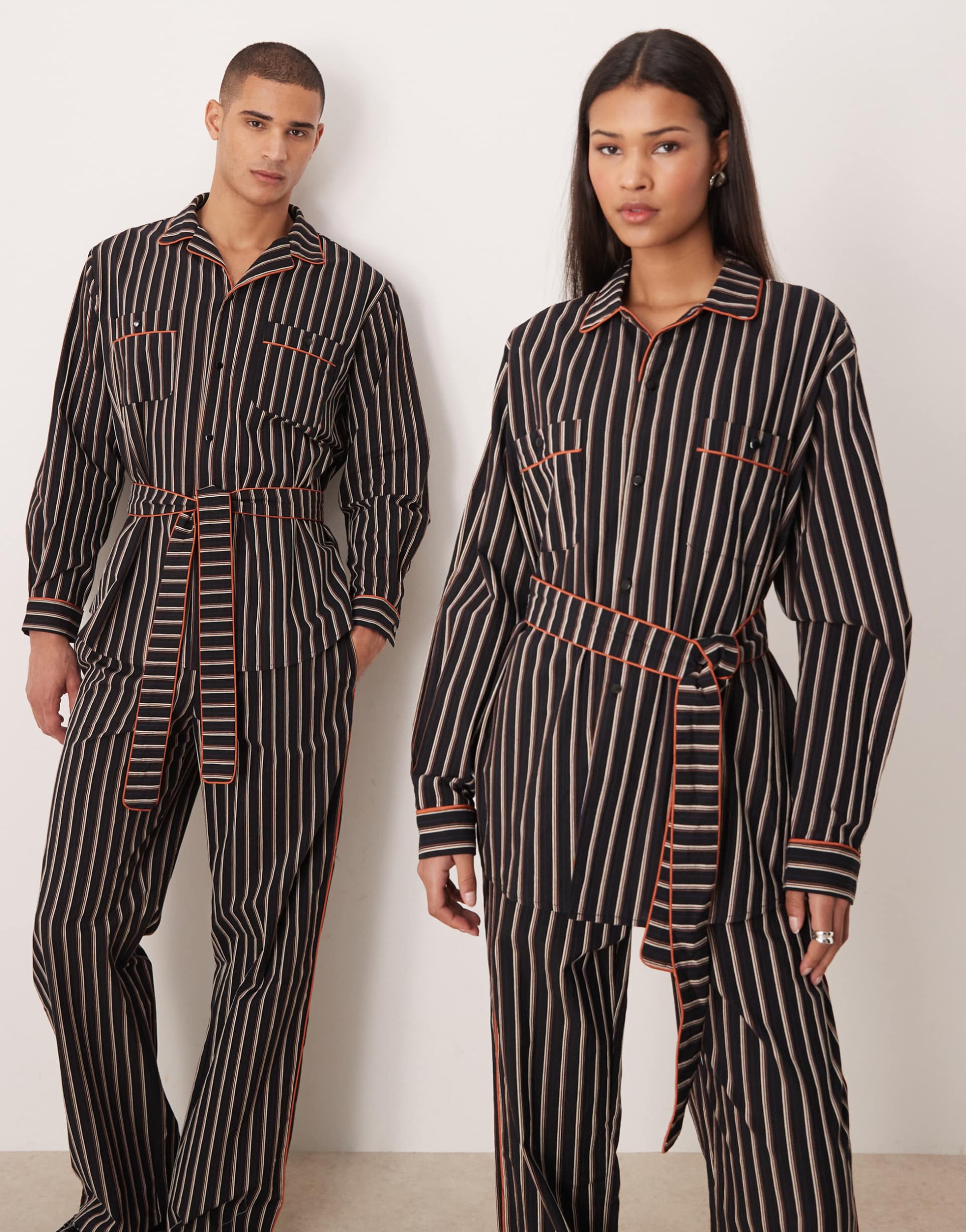 sister jane unisex wisp pure cotton contrast piping tie waist shirt in navy and black stripes - part of a set