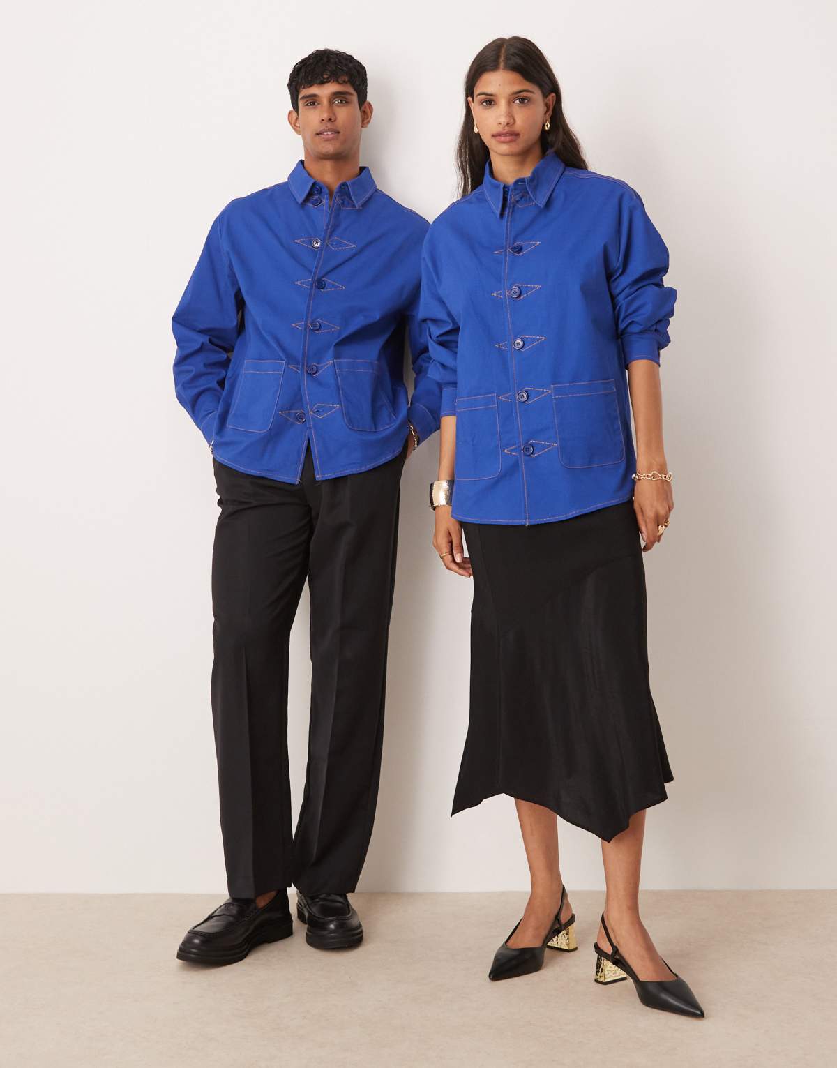 Sister Jane Unisex workwear jacket with detachable brooches in blue