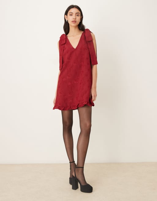 Sister Jane v neck bow shoulder mini dress with ruffle hem in berry red, 2 of 4