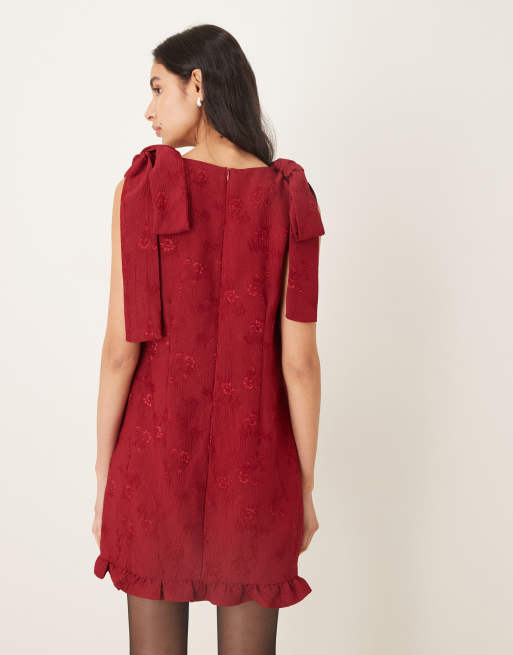 Sister Jane v neck bow shoulder mini dress with ruffle hem in berry red, 3 of 4