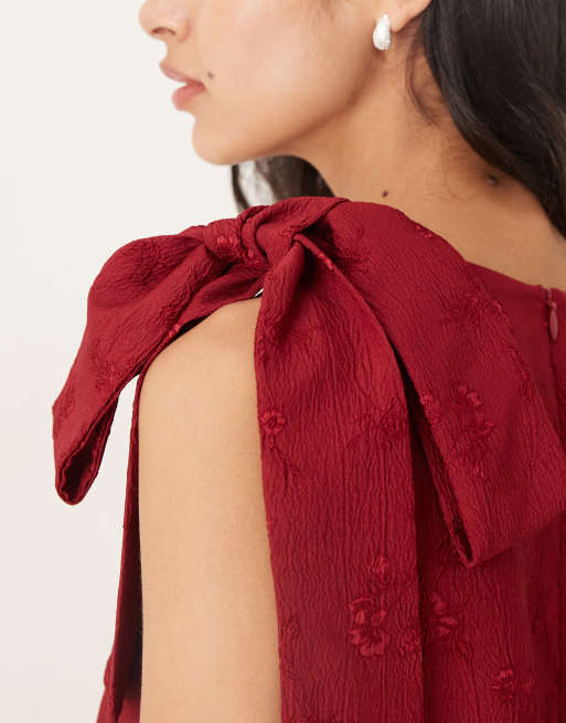 Sister Jane v neck bow shoulder mini dress with ruffle hem in berry red, 4 of 4
