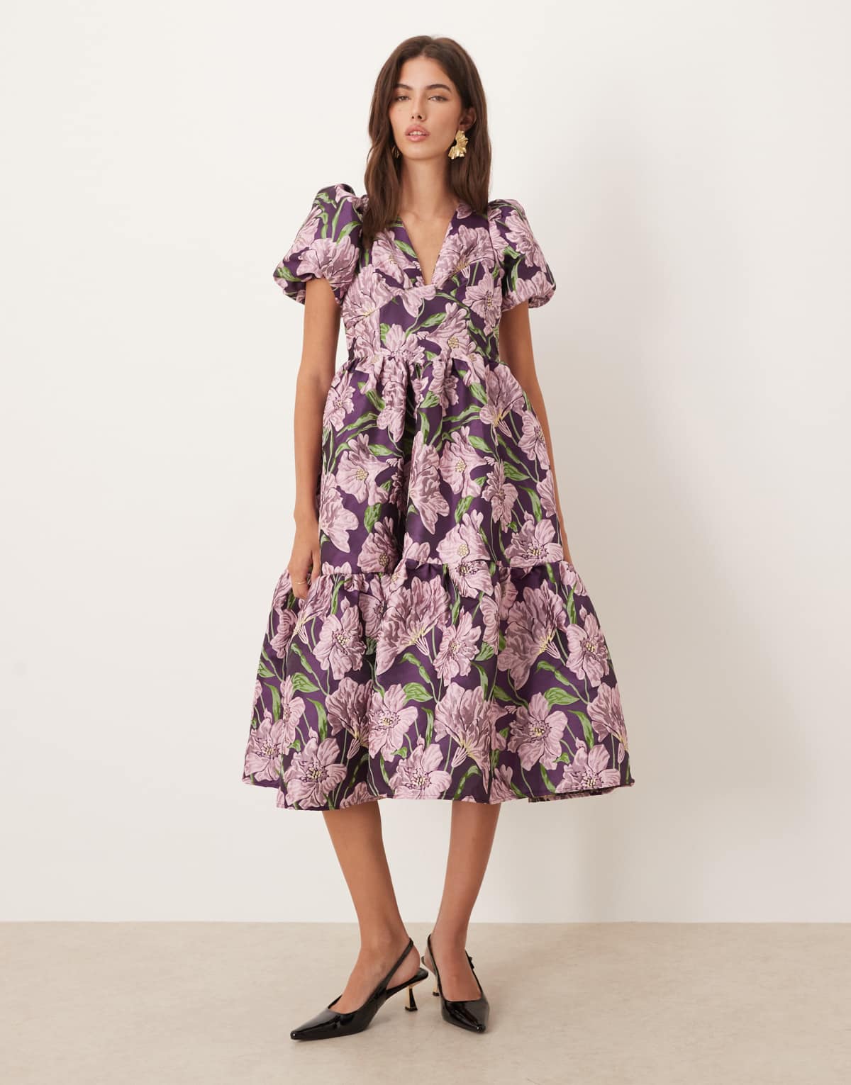 Sister Jane v neck floral jacquard midi dress in purple