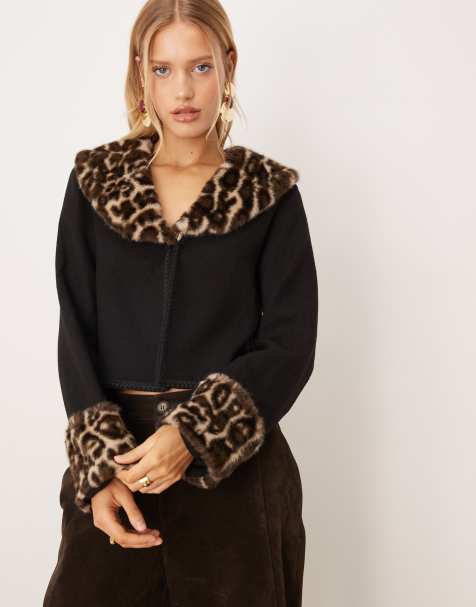 Sister Jane Velma leopard print faux fur contrast collar and cuff detail cardigan in black with wool - view 1