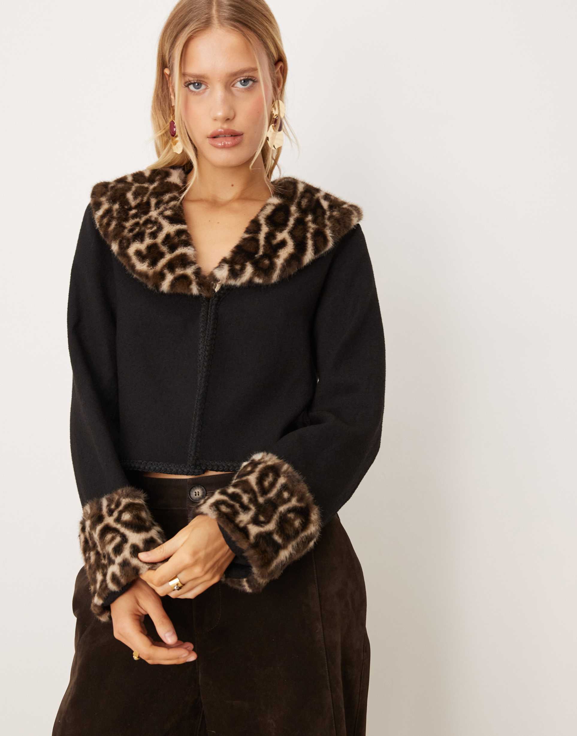 sister jane velma leopard print faux fur contrast collar and cuff detail cardigan in black with wool