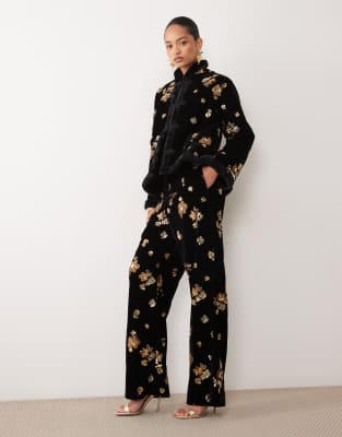 Sister Jane Velvet Embellished High Waist Straight Leg Trouser Set In Black