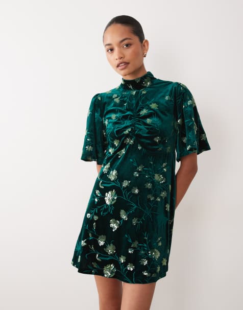 Sister Jane velvet flutter sleeve mini dress with floral embroidery in green - view 1