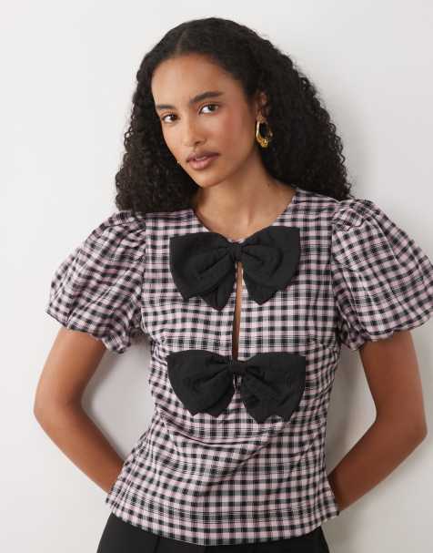 Sister Jane Vence top med rund hals, pufærmer og sløjfedetalje i pink gingham - view 1