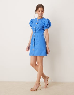Sister Jane - Verziertes Minikleid in Blau mit Puffärmeln