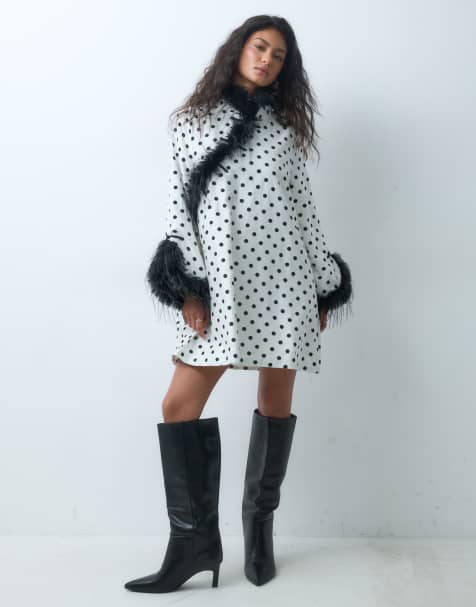 Sister Jane - Vestido corto negro con estampado de lunares y ribete de piel sintética de jacquard - view 1