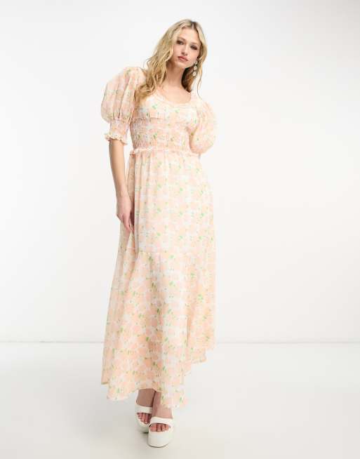 Sister Jane - Vestito arricciato color cipria a fiori con gonna al polpaccio e maniche a sbuffo