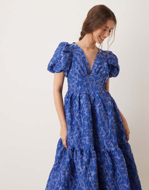 Sister Jane - Vestito blu cobalto jacquard con maniche a sbuffo e gonna al polpaccio - view 1