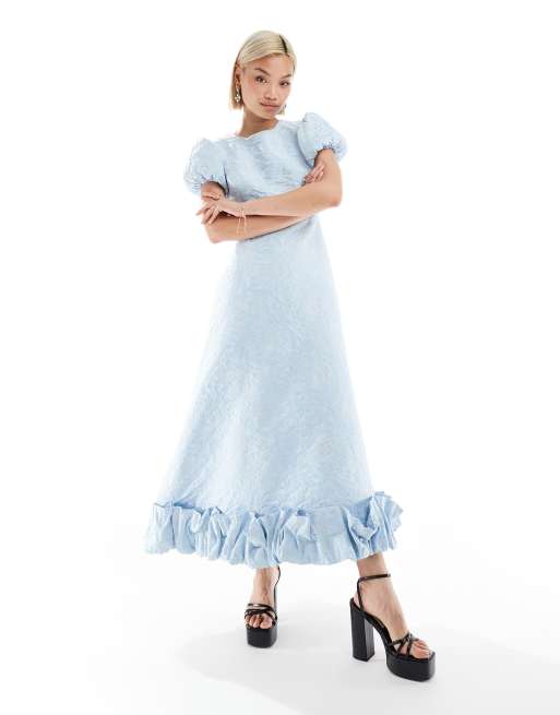 Sister Jane - Vestito blu polvere con gonna al polpaccio con volant sul fondo e maniche a sbuffo