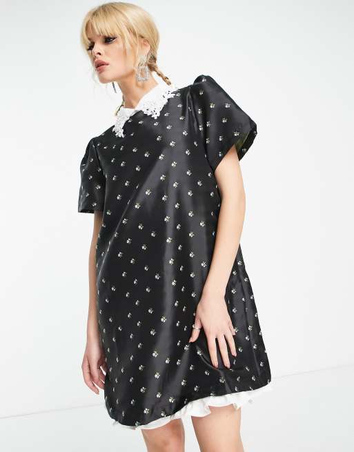 Sister Jane - Vestito camicia a trapezio in jacquard a fiorellini con colletto in pizzo