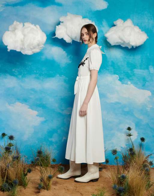 Sister Jane - Vestito camicia con gonna al polpaccio stile western bianco a coste con ricamo