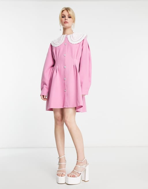Sister Jane - Vestito camicia corto stretto in vita con colletto in pizzo rosa confetto