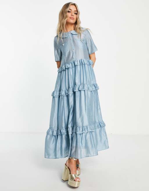 Sister Jane - Vestito camicia stile grembiule a balze azzurro chiaro