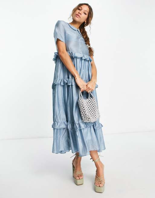 Sister Jane - Vestito camicia stile grembiule a balze azzurro chiaro
