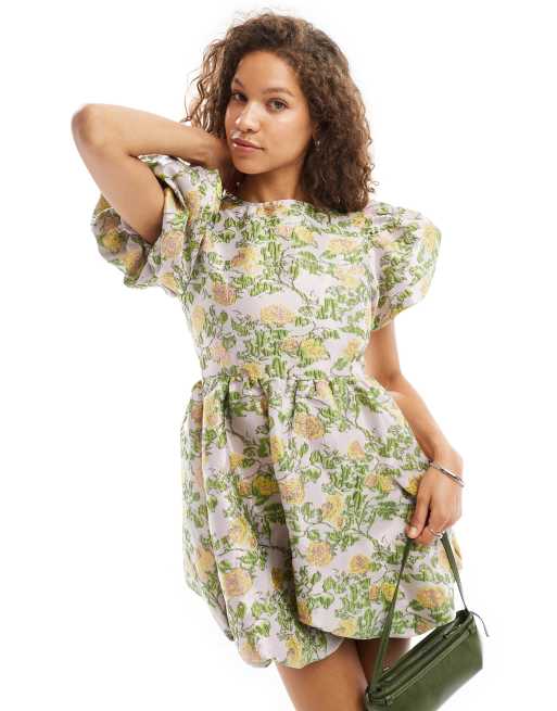 Sister Jane - Vestito corto a palloncino color peltro a fiori jacquard con maniche a sbuffo