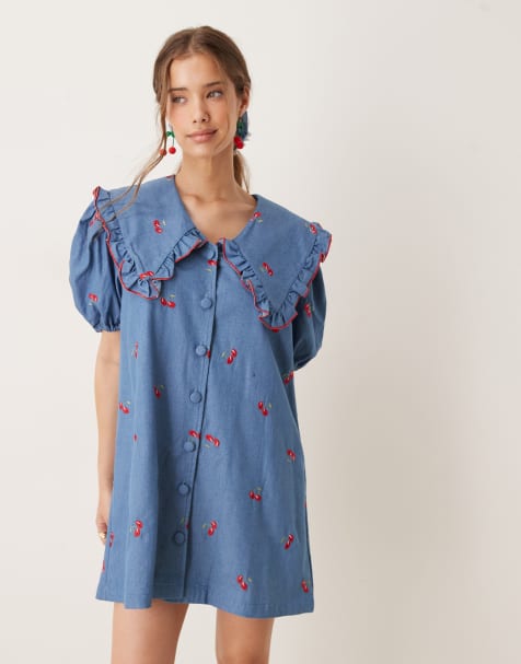 Sister Jane - Vestito corto in denim blu oversize con colletto con ciliegie ricamate - view 1