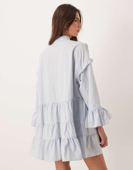 Sister Jane - Vestito corto in puro cotone blu gessato con maniche a campana e fiocco, 2 di 4