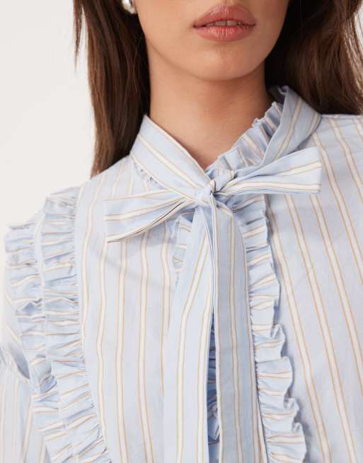 Sister Jane - Vestito corto in puro cotone blu gessato con maniche a campana e fiocco, 4 di 4