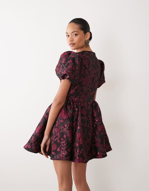 Sister Jane vestito corto mini in jacquard con maniche a sbuffo e dettaglio fiocco con strass, nero e rosa, 4 di 4