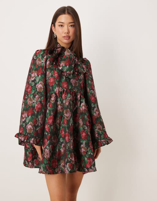 Sister Jane - Vestito corto nero a fiori jacquard con maniche svasate e fiocco, 2 di 4