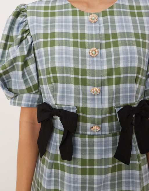 Sister Jane - Vestito corto sartoriale a quadri blu e verdi con maniche a sbuffo e fiocchi, 2 di 4