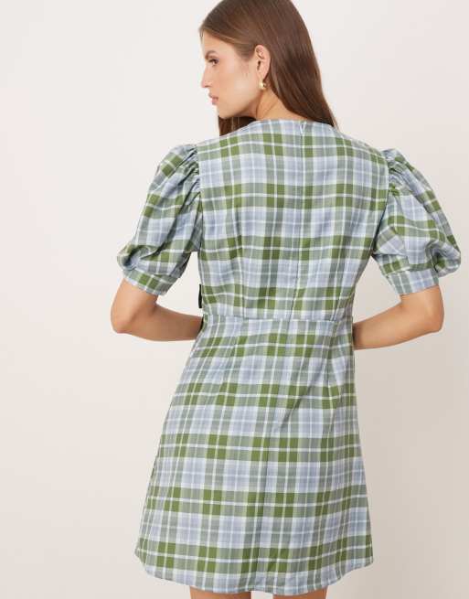 Sister Jane - Vestito corto sartoriale a quadri blu e verdi con maniche a sbuffo e fiocchi, 3 di 4