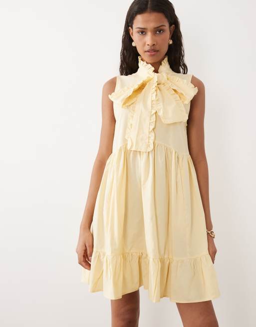 Sister Jane - Vestito corto senza maniche in misto cotone giallo latticello con fiocco, 2 di 4