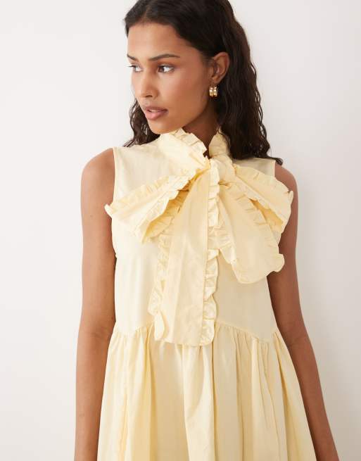 Sister Jane - Vestito corto senza maniche in misto cotone giallo latticello con fiocco, 4 di 4