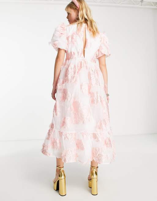 Sister Jane - Vestito grembiule midi in jacquard rosa con maniche a sbuffo, 2 di 4