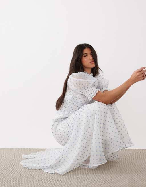 Sister Jane - Vestito lungo arricciato in chiffon blu a pois con volant e maniche a sbuffo, 2 di 4