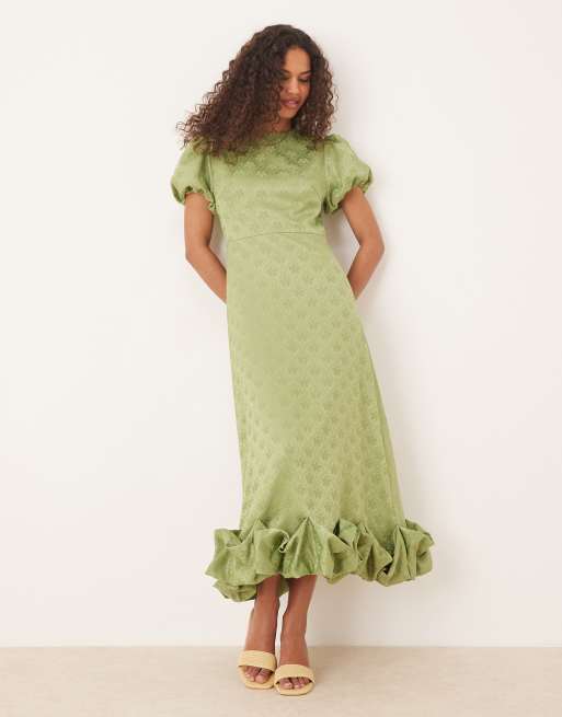 Sister Jane - Vestito lungo color verde oliva tenue con maniche a sbuffo e orlo a palloncino