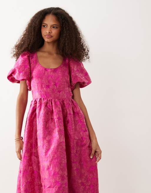 Sister Jane - Vestito lungo con maniche a sbuffo e scollo rotondo in jacquard rosa acceso melograno, 4 di 4