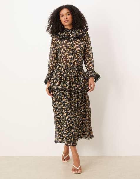 Sister Jane - Vestito lungo fluttuante in chiffon nero a fiori - view 1