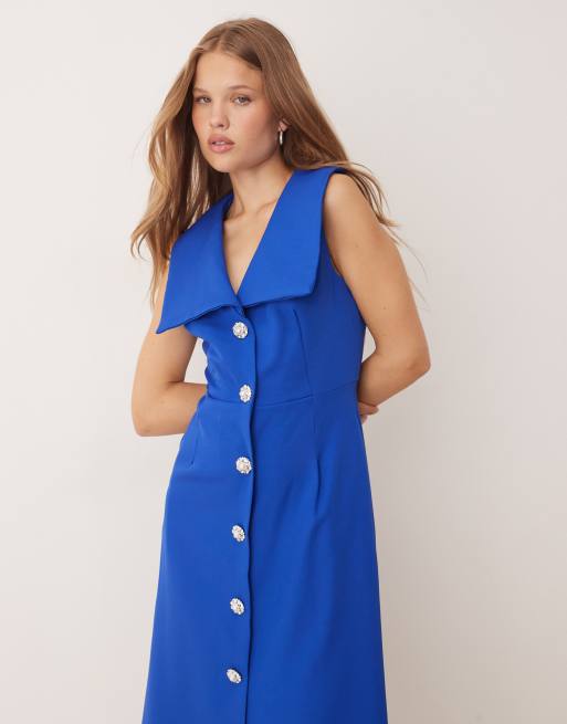 Sister Jane - Vestito midi blu con colletto aperto e bottoni con strass, 2 di 4