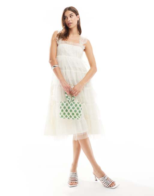 Sister Jane - Vestito midi con spalline sottili in tulle color avorio in coordinato